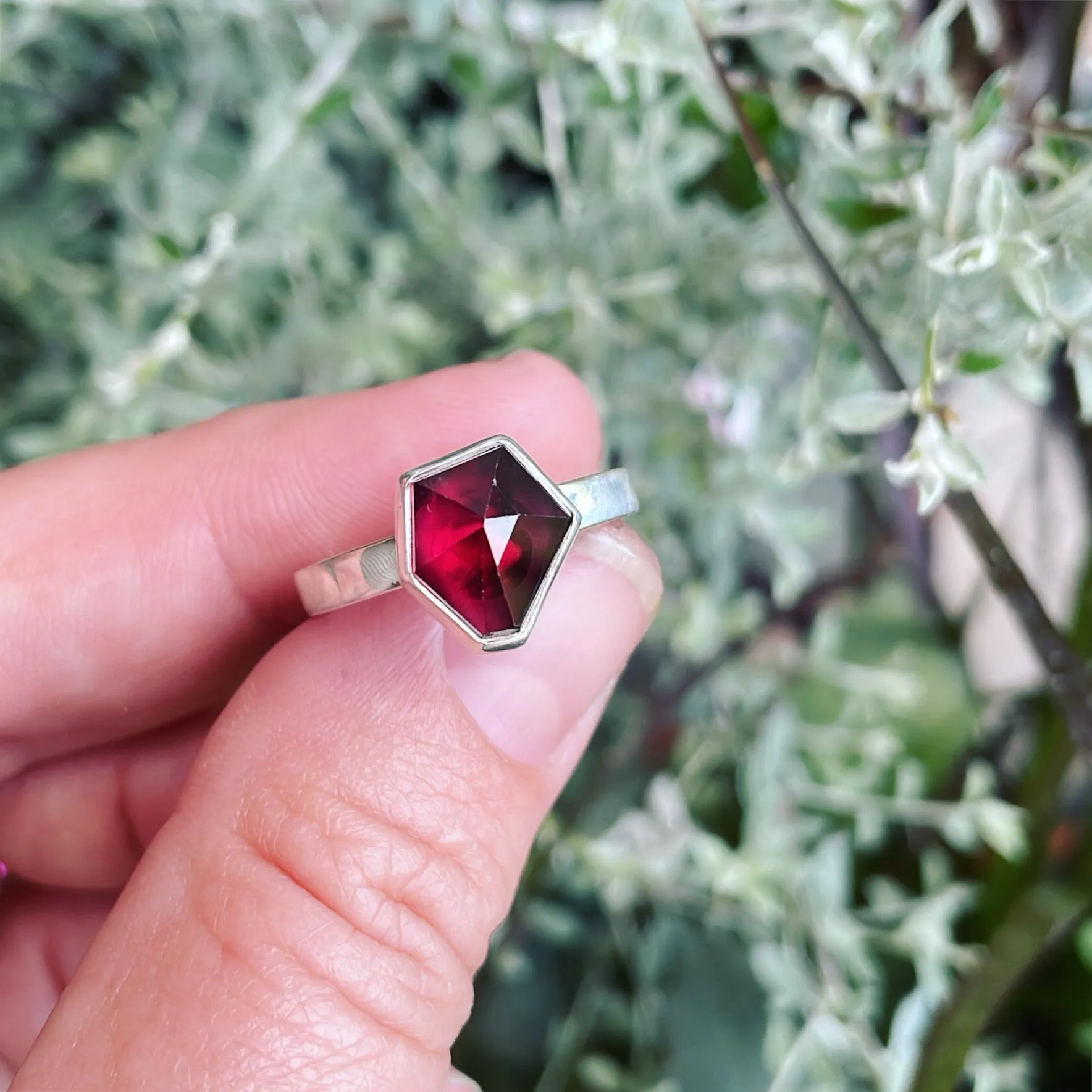 Geometric Garnet and Sterling Silver Ring