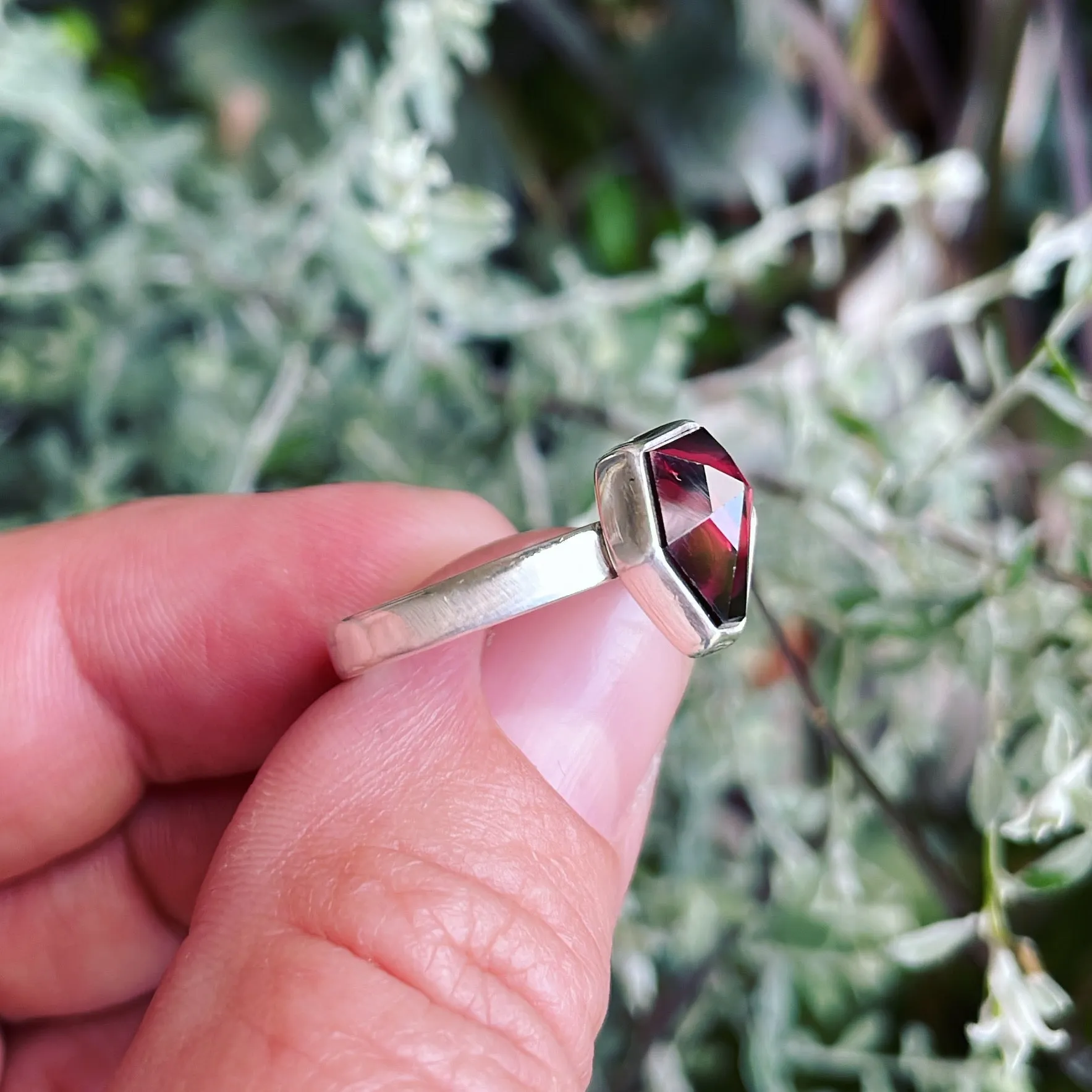 Geometric Garnet and Sterling Silver Ring