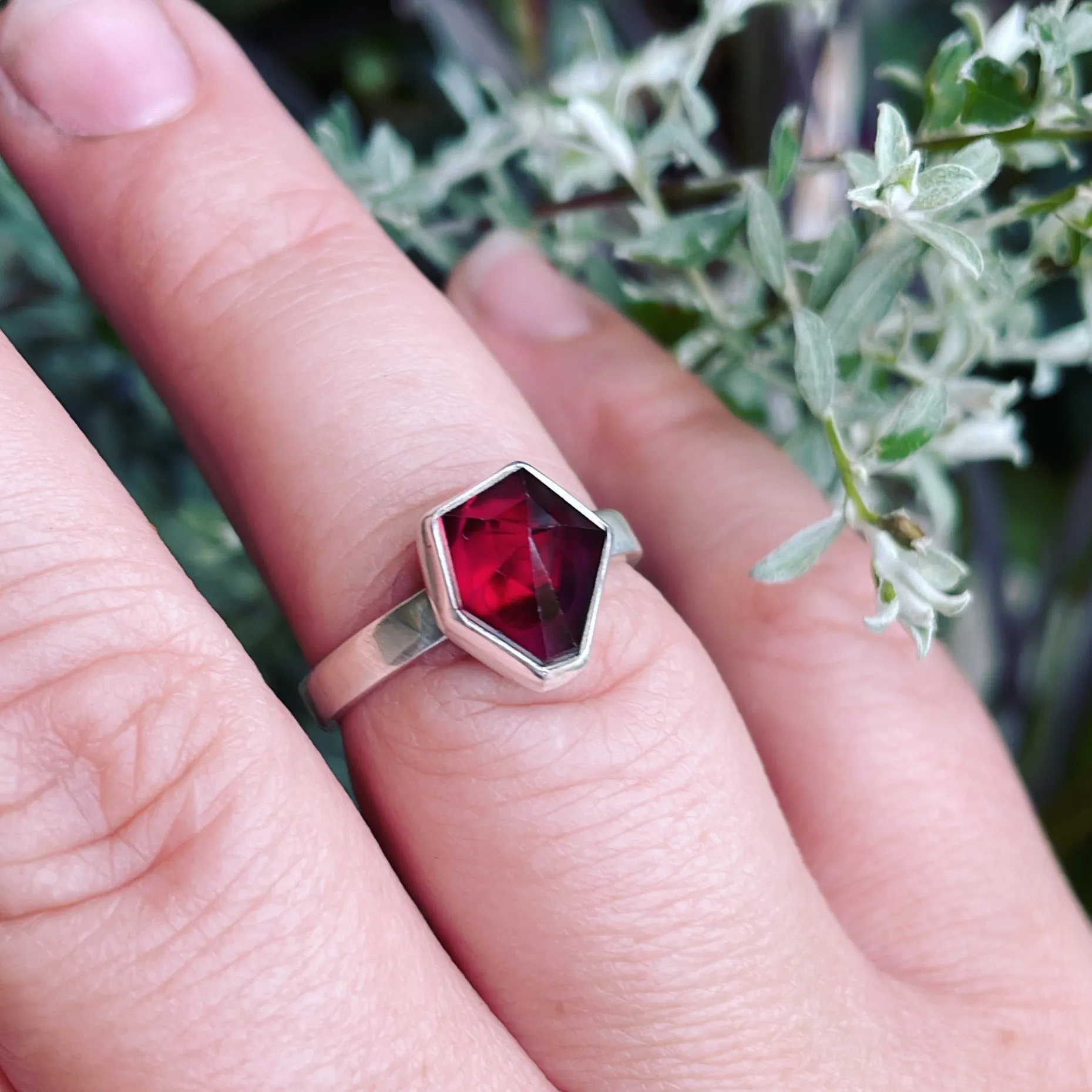 Geometric Garnet and Sterling Silver Ring