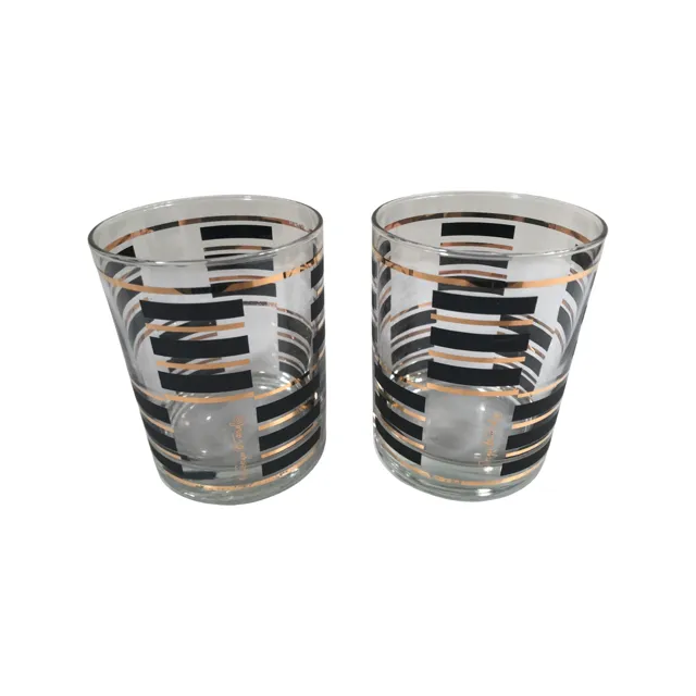 Georges Briard Signed Gold and Black Geometric Double Old Fashion Glasses (Set of 2)