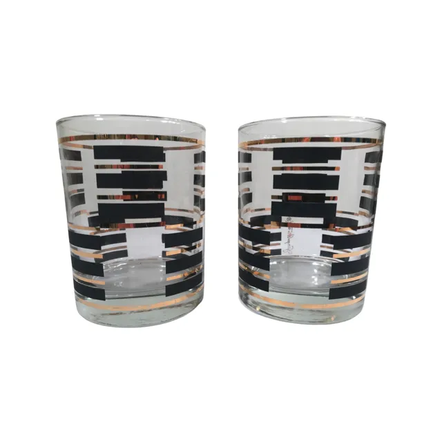 Georges Briard Signed Gold and Black Geometric Double Old Fashion Glasses (Set of 2)