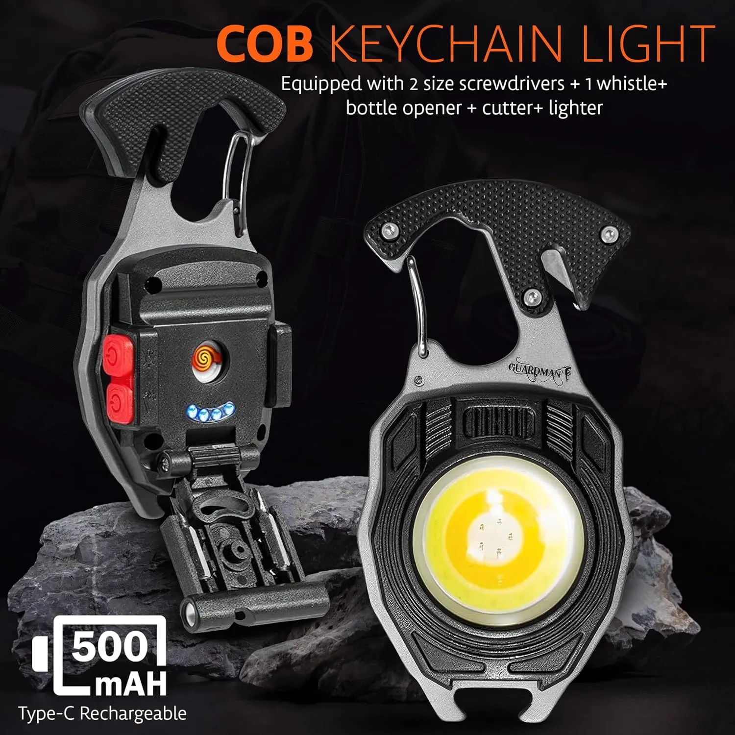 GUARDMAN Fathers Day Gift for Dad  Multitool Survival keychain Tool, LED Flashlight, Carabiner, Fire Starter, Screwdriver, Whistle, Bottle Opener  Camping & Outdoor Multi Tool Gear - 100 Pack