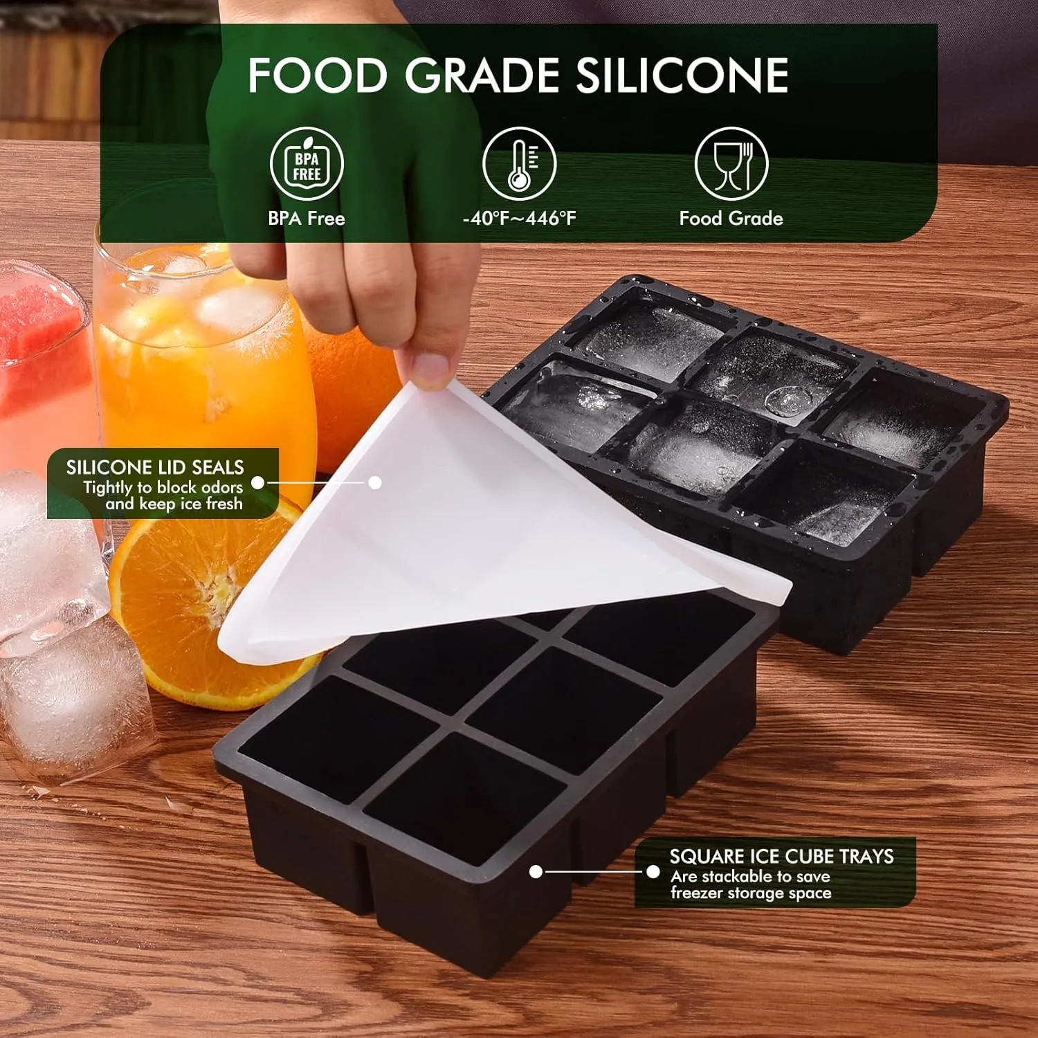 Ice Cube Tray, SLGOL Ice Trays for Freezer with Lid, Easy Release large Ice Cube Molds, Silicone ice cubes mold for Whiskey, Stackable Square Ice Tray for Cocktails Whiskey Juice Coffee 6 square