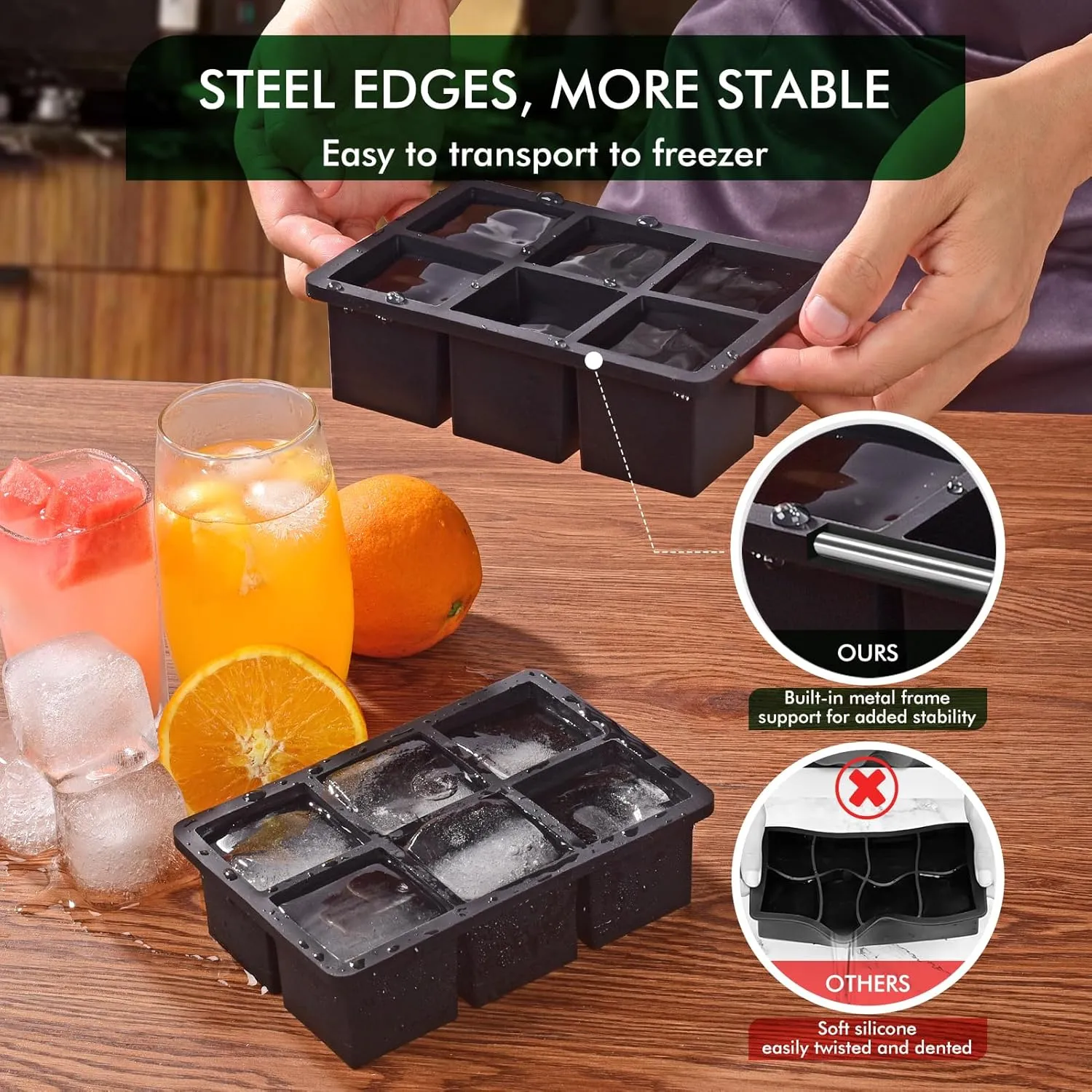 Ice Cube Tray, SLGOL Ice Trays for Freezer with Lid, Easy Release large Ice Cube Molds, Silicone ice cubes mold for Whiskey, Stackable Square Ice Tray for Cocktails Whiskey Juice Coffee 6 square