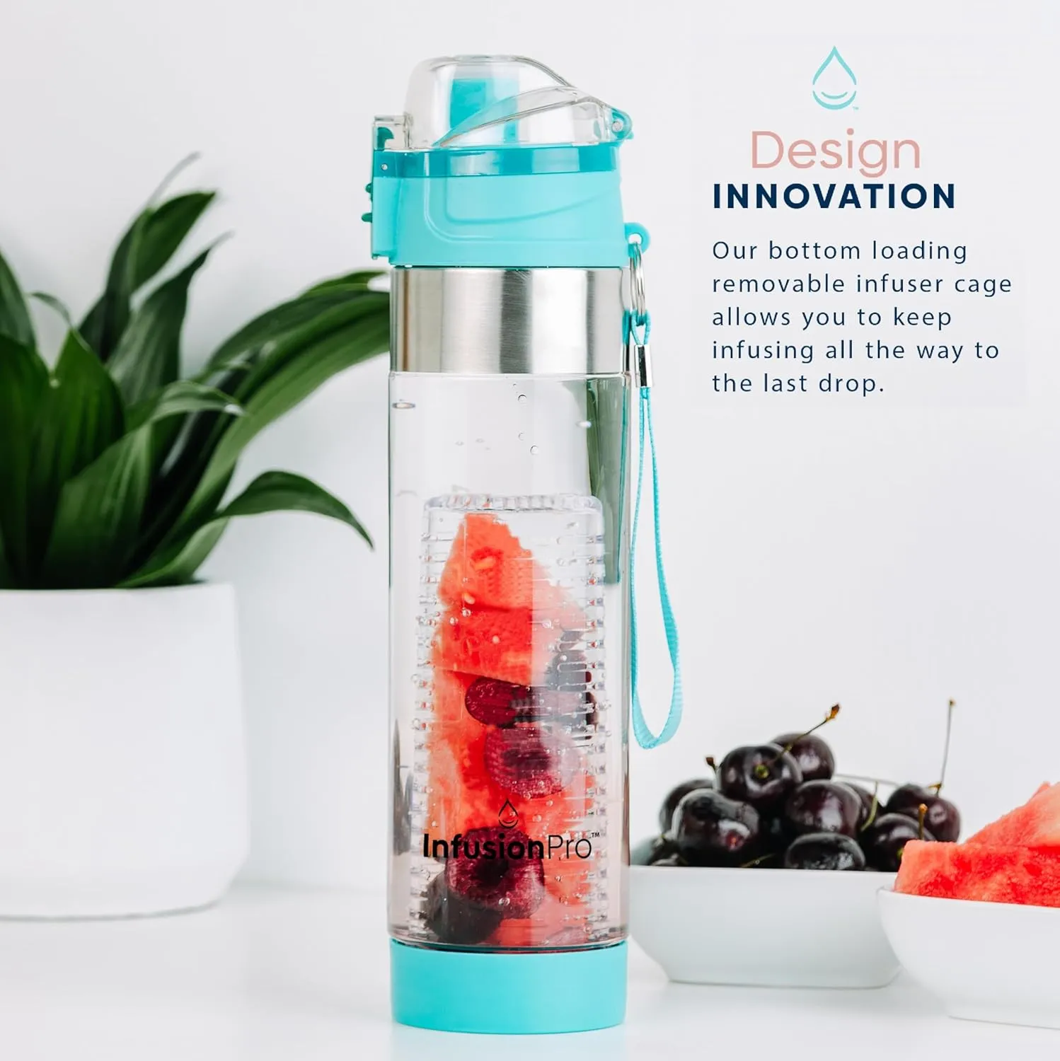 Infusion Pro Fruit Infuser Water Bottler, Insulated Sleeve & Fruit Infused Water eBook : Bottom Infuser for More Flavor : Locking Flip Top Lid : Unique Gift Idea - Teal