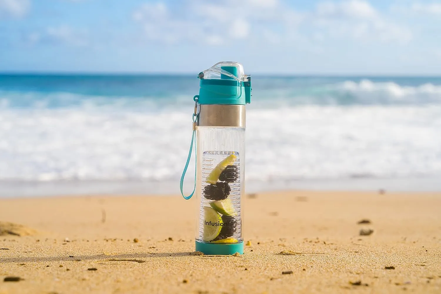 Infusion Pro Fruit Infuser Water Bottler, Insulated Sleeve & Fruit Infused Water eBook : Bottom Infuser for More Flavor : Locking Flip Top Lid : Unique Gift Idea - Teal