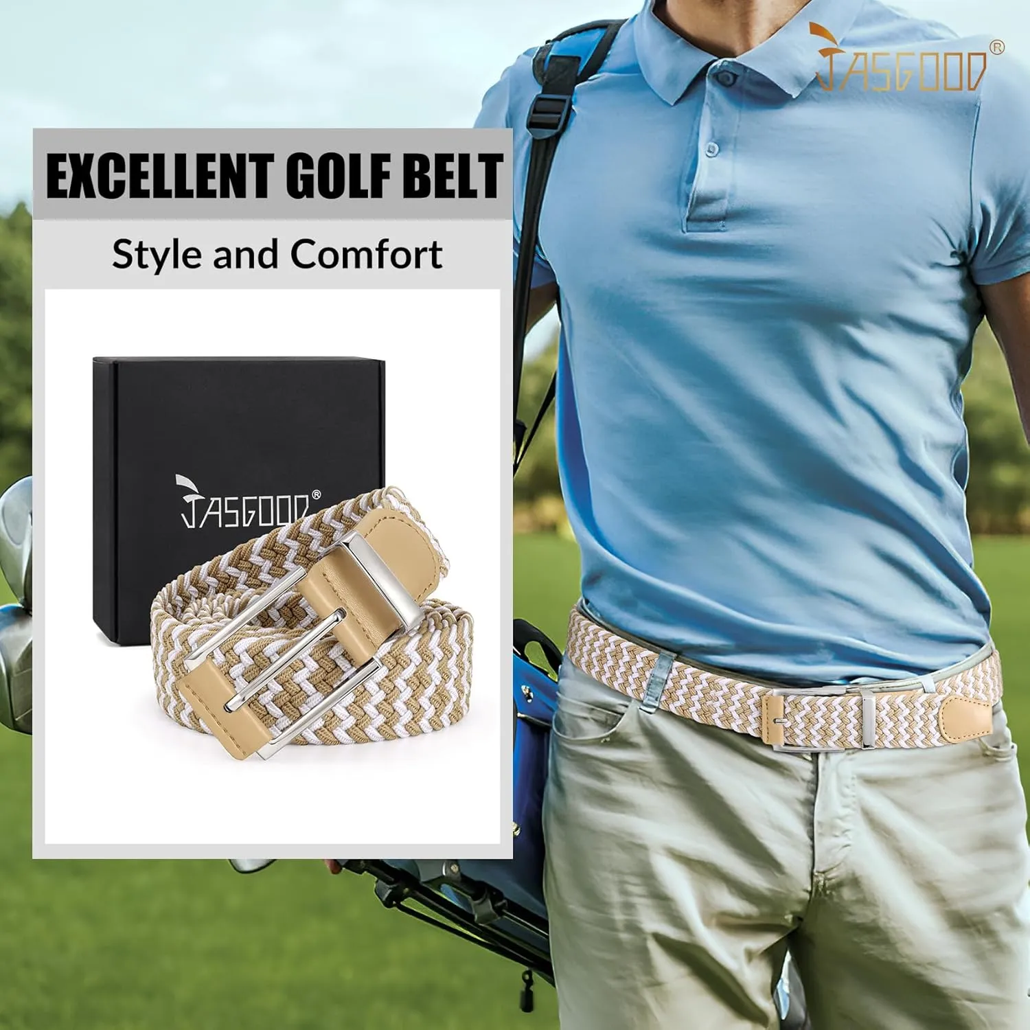 JASGOOD Stretchy Braided Belt for Men Elastic Woven Belt for Jeans Pants 1 3/8" Casual Men Women Golf Belt, Gift Box
