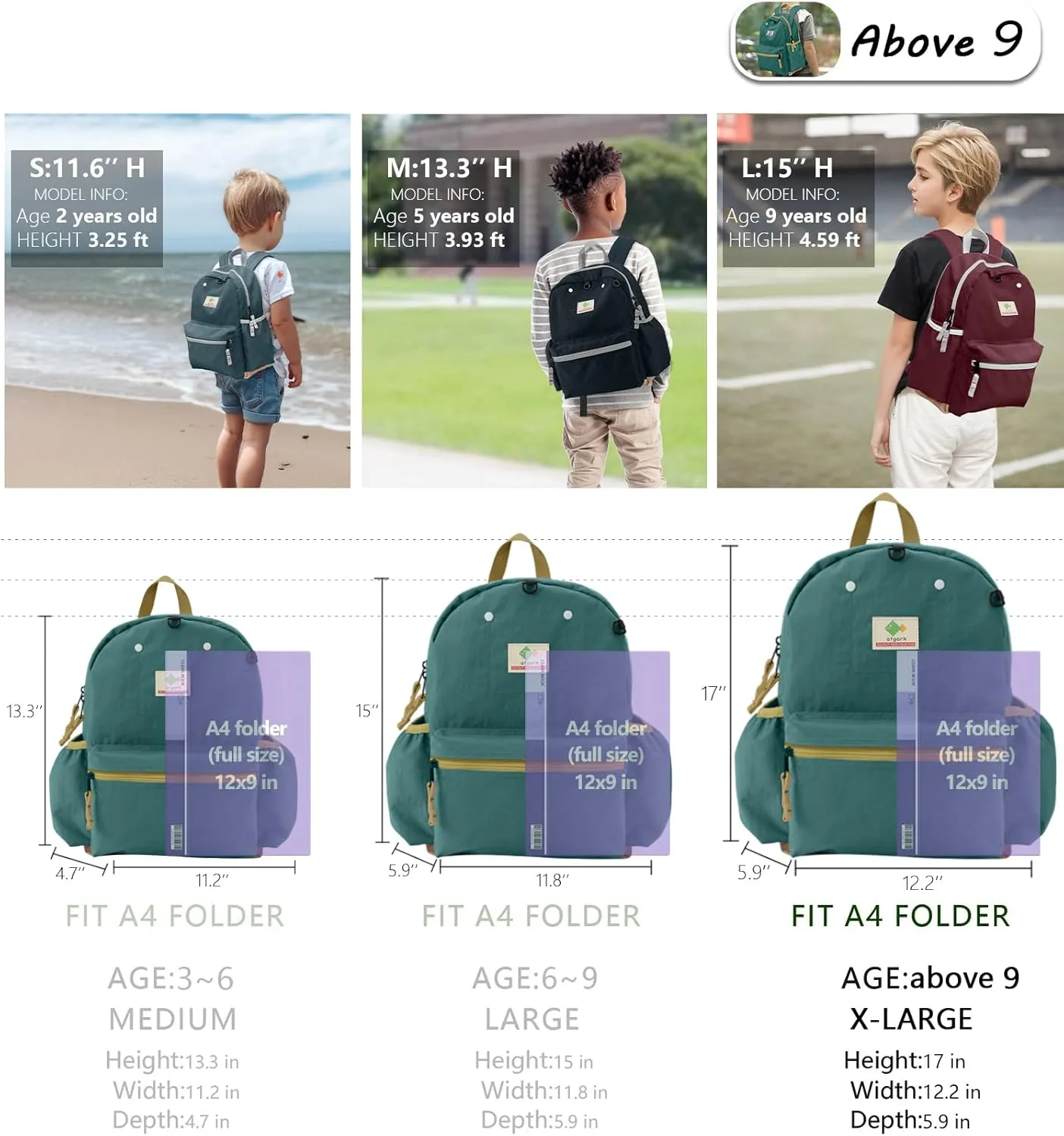Kids Backpacks for Girls & Boys, Unisex, Green, X-Large, Modern, Colorful, Eco-Friendly, School Backpack, 17" H, 1L, Nylon, Zipper Closure, Soft Shell, Daypack, Elementary School, Big Kid