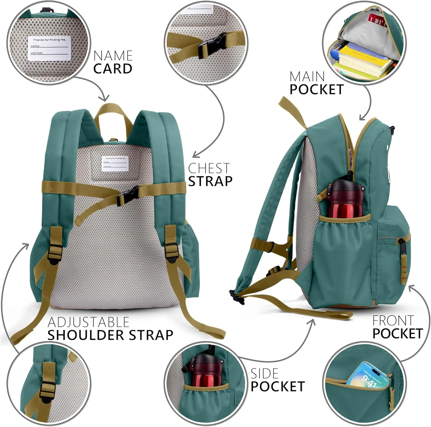 Kids Backpacks for Girls & Boys, Unisex, Green, X-Large, Modern, Colorful, Eco-Friendly, School Backpack, 17" H, 1L, Nylon, Zipper Closure, Soft Shell, Daypack, Elementary School, Big Kid