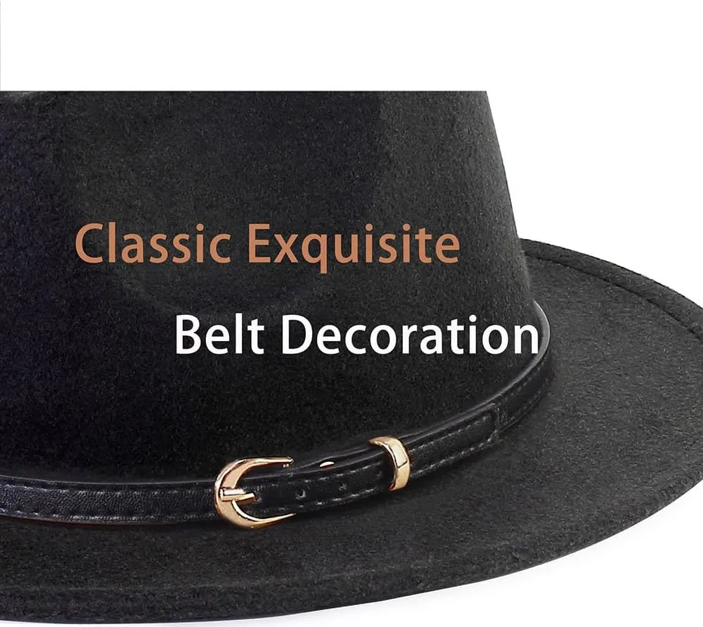LolliWeaver Women Fashion Flat Wide Brim Teardrop Crown Felt Fedora Hat with Hat Belt