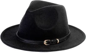 LolliWeaver Women Fashion Flat Wide Brim Teardrop Crown Felt Fedora Hat with Hat Belt