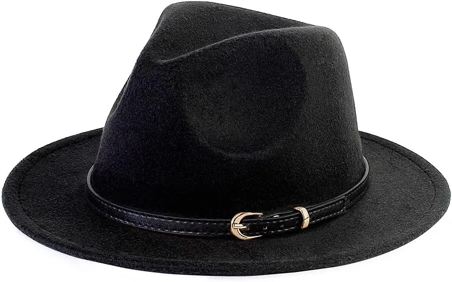 LolliWeaver Women Fashion Flat Wide Brim Teardrop Crown Felt Fedora Hat with Hat Belt