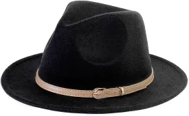 LolliWeaver Women Fashion Flat Wide Brim Teardrop Crown Felt Fedora Hat with Hat Belt