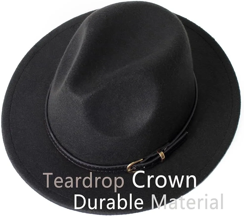 LolliWeaver Women Fashion Flat Wide Brim Teardrop Crown Felt Fedora Hat with Hat Belt