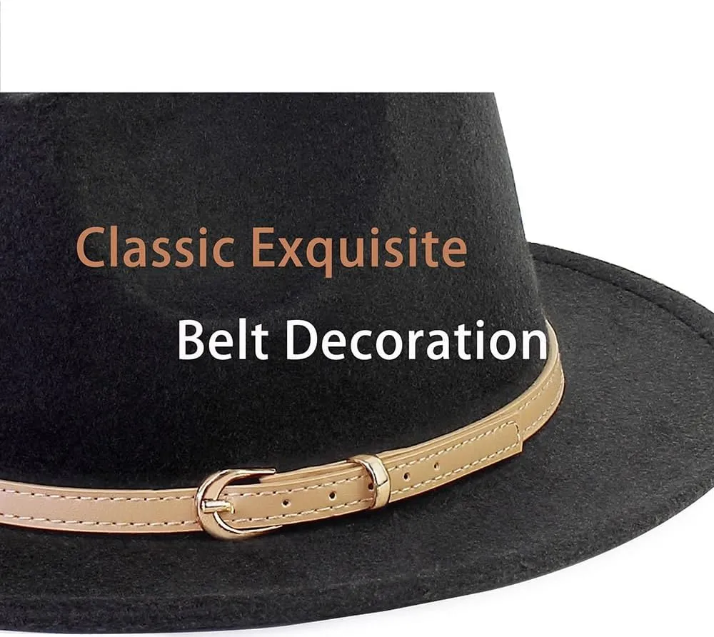 LolliWeaver Women Fashion Flat Wide Brim Teardrop Crown Felt Fedora Hat with Hat Belt