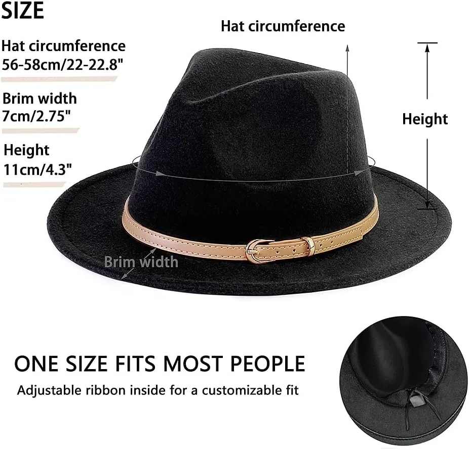 LolliWeaver Women Fashion Flat Wide Brim Teardrop Crown Felt Fedora Hat with Hat Belt
