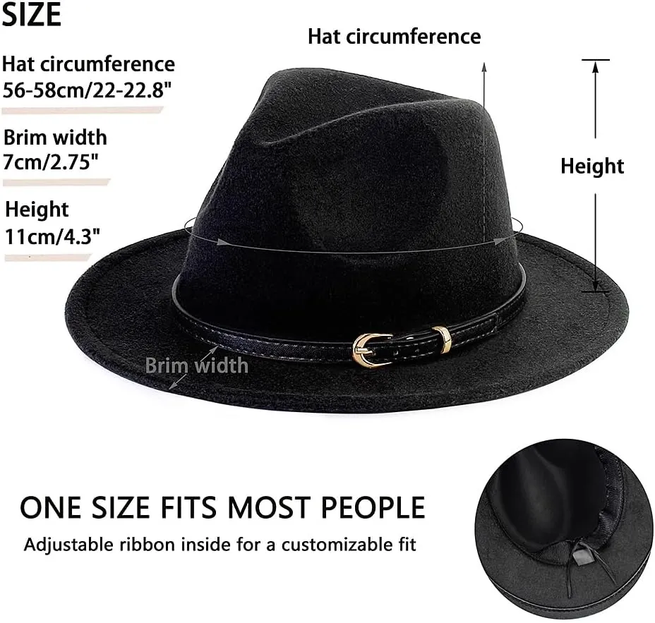 LolliWeaver Women Fashion Flat Wide Brim Teardrop Crown Felt Fedora Hat with Hat Belt