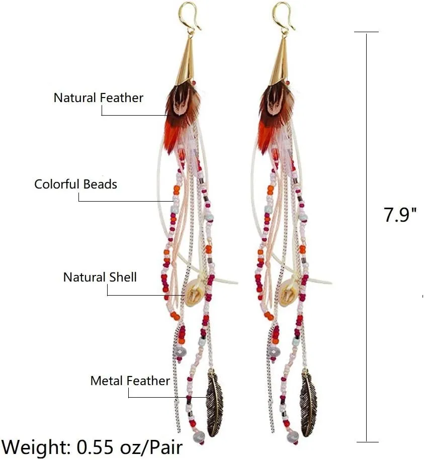 Long Bohemian Feather Earrings for Women - Lightweight Handmade Dangle Jewelry, Statement Ear Accessories