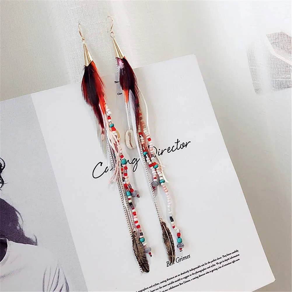 Long Bohemian Feather Earrings for Women - Lightweight Handmade Dangle Jewelry, Statement Ear Accessories