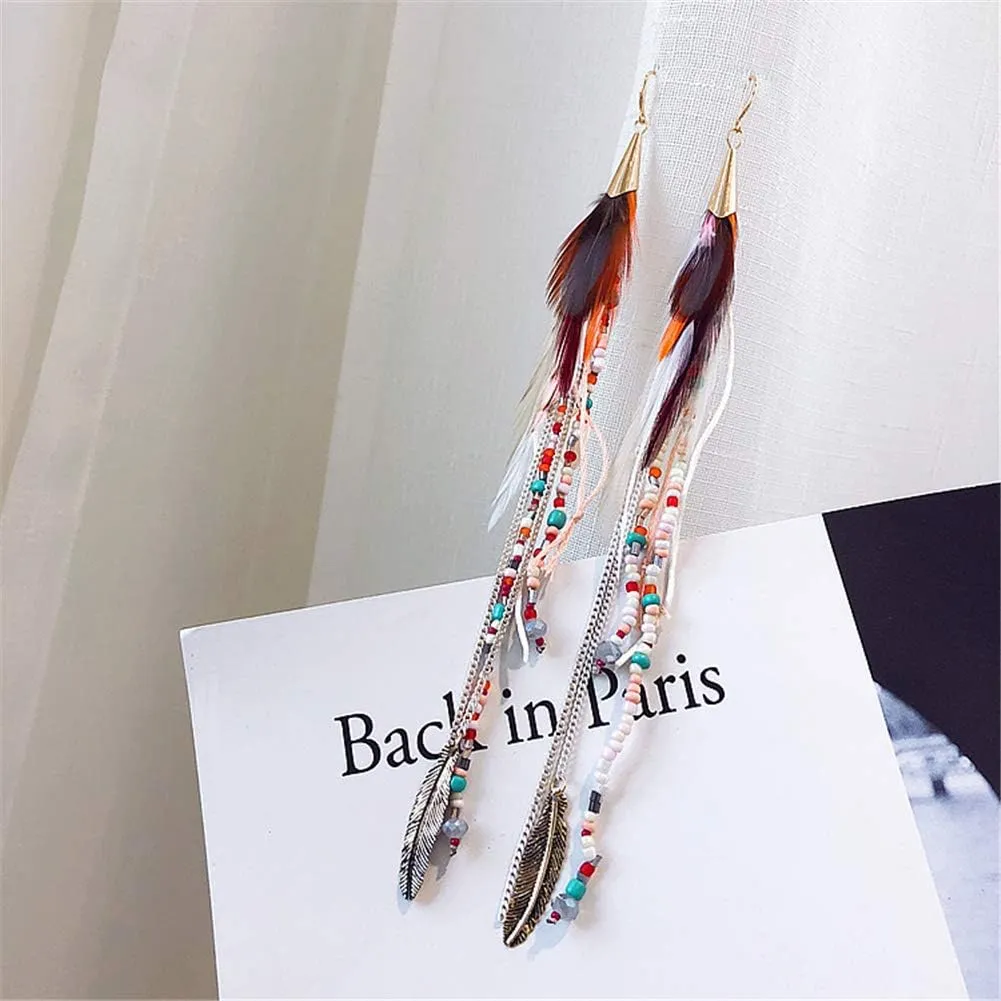 Long Bohemian Feather Earrings for Women - Lightweight Handmade Dangle Jewelry, Statement Ear Accessories