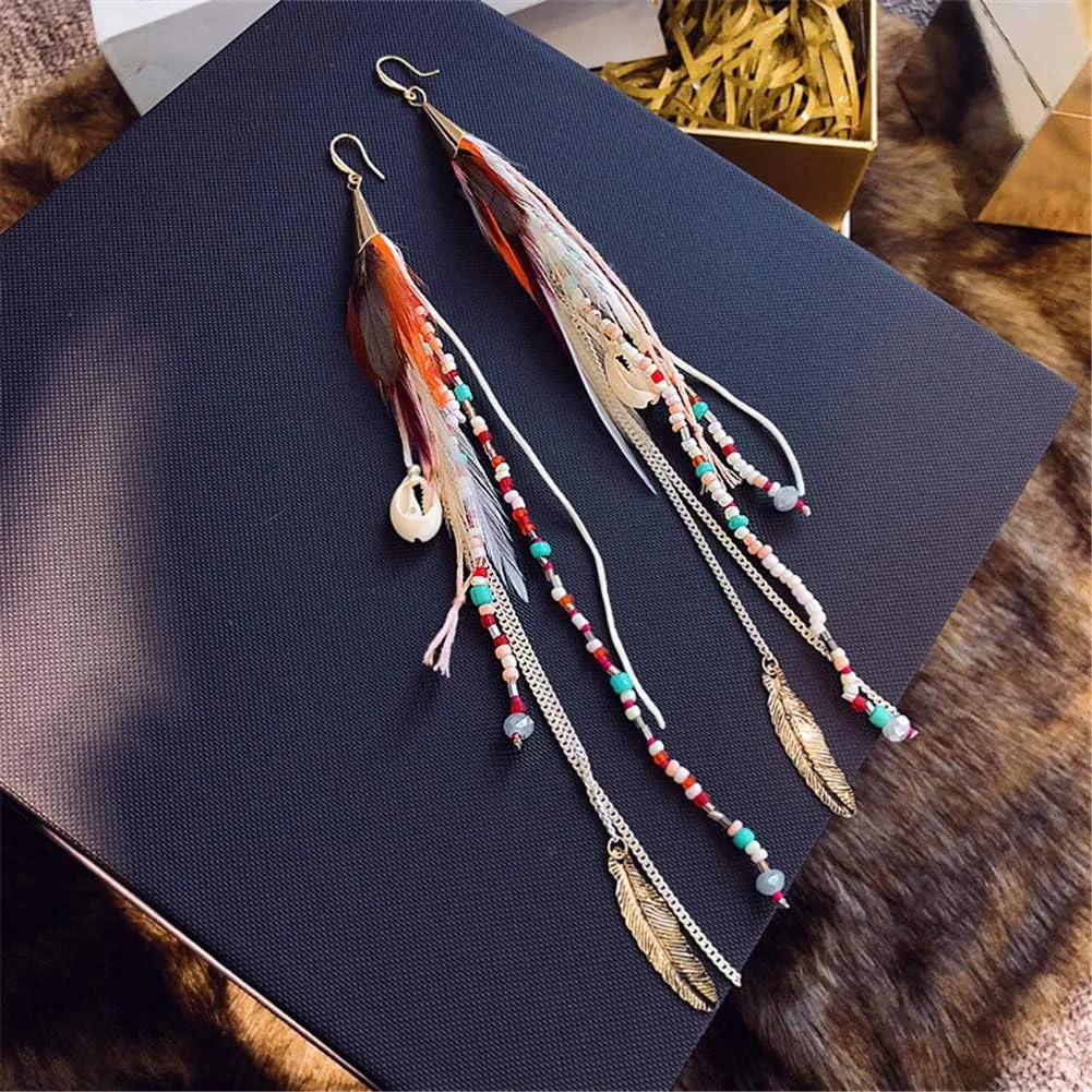 Long Bohemian Feather Earrings for Women - Lightweight Handmade Dangle Jewelry, Statement Ear Accessories