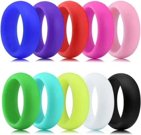 Longbeauty 10 Pack Candy Color Wedding Band for Men Women Flexible Comfort Sport Silicone Ring Black Red Blue Yellow Pink White Green Purple