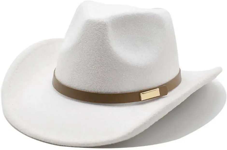 Men Women Western Cowboy Hat, Woolen Felt Wide Brim Fedora, 57-58Cm Casual Style With Strap Decoration