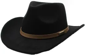 Men Women Western Cowboy Hat, Woolen Felt Wide Brim Fedora, 57-58Cm Casual Style With Strap Decoration