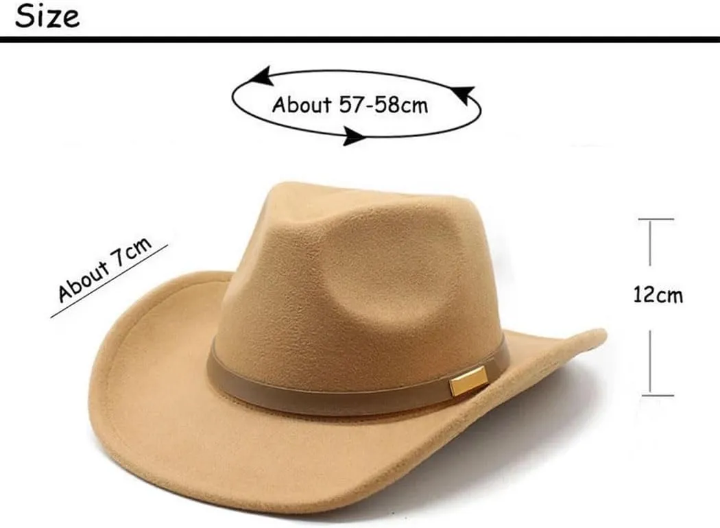 Men Women Western Cowboy Hat, Woolen Felt Wide Brim Fedora, 57-58Cm Casual Style With Strap Decoration