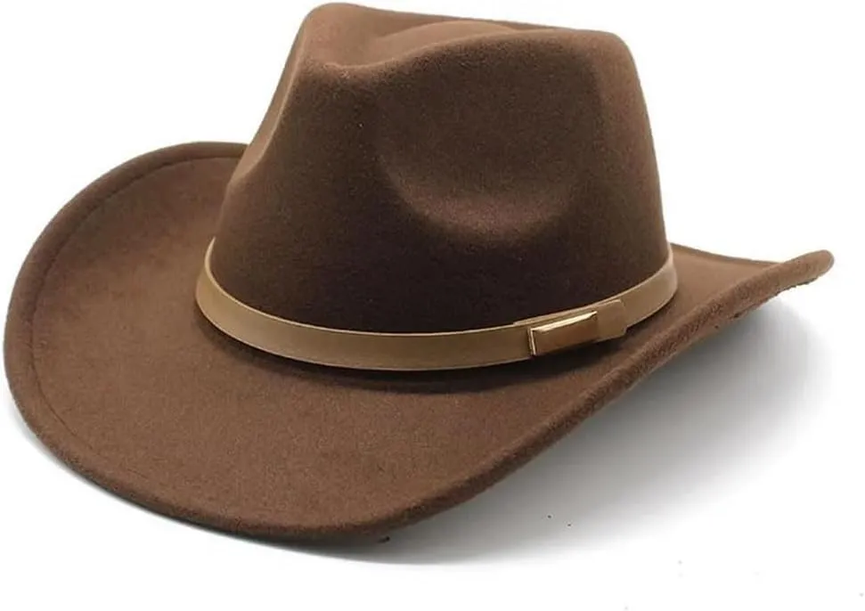 Men Women Western Cowboy Hat, Woolen Felt Wide Brim Fedora, 57-58Cm Casual Style With Strap Decoration