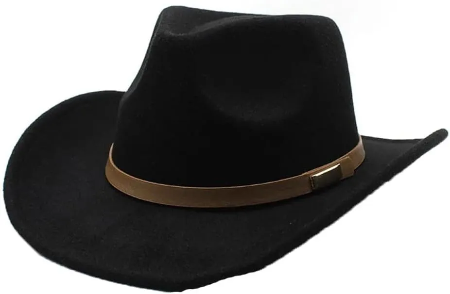 Men Women Western Cowboy Hat, Woolen Felt Wide Brim Fedora, 57-58Cm Casual Style With Strap Decoration
