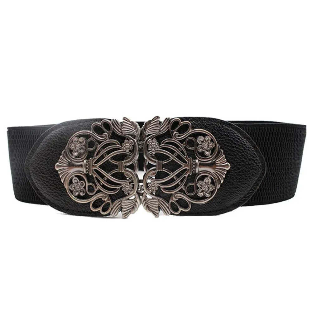 New Women Wide Waist Belt Vintage Metal Flower Elastic Stretch Buckle Waistband