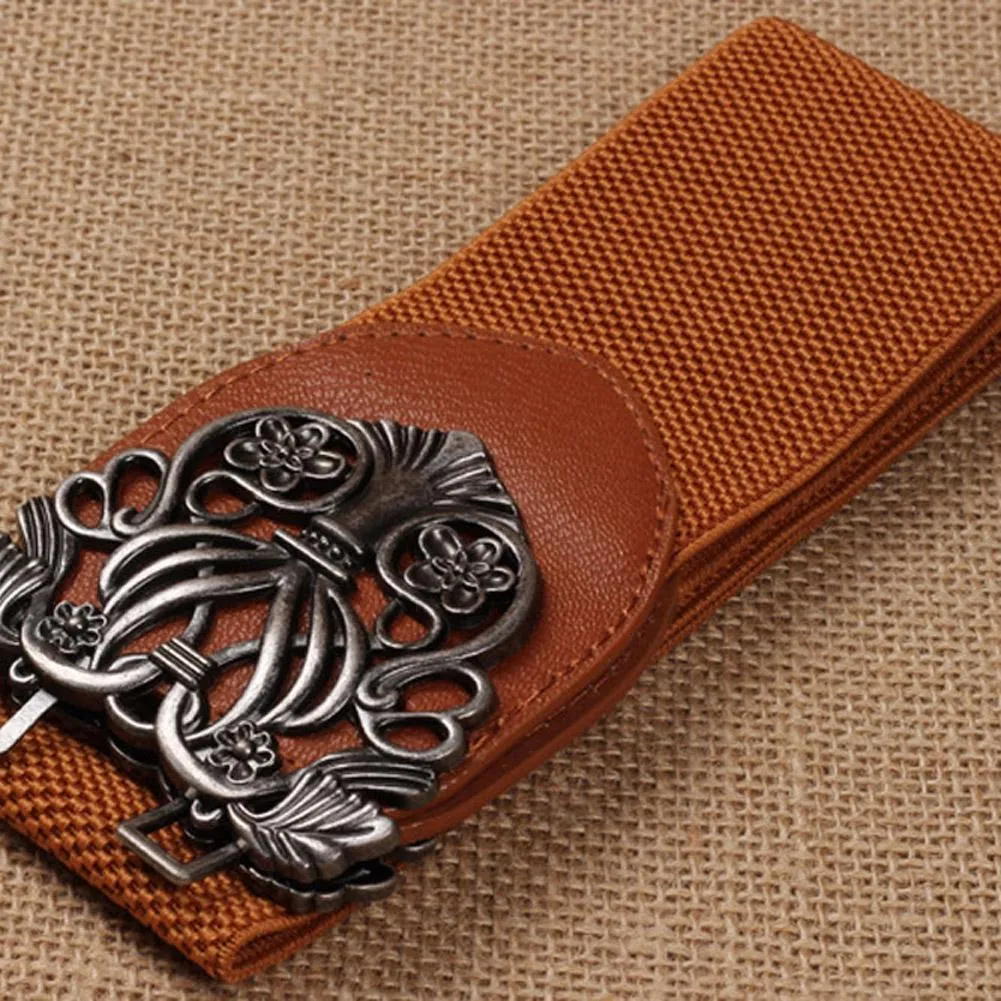 New Women Wide Waist Belt Vintage Metal Flower Elastic Stretch Buckle Waistband