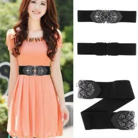 New Women Wide Waist Belt Vintage Metal Flower Elastic Stretch Buckle Waistband