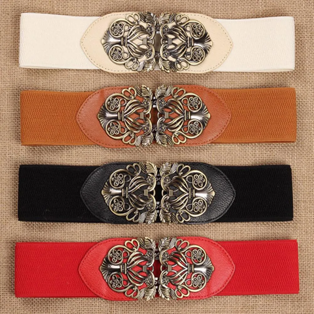 New Women Wide Waist Belt Vintage Metal Flower Elastic Stretch Buckle Waistband