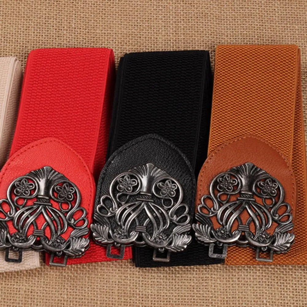 New Women Wide Waist Belt Vintage Metal Flower Elastic Stretch Buckle Waistband