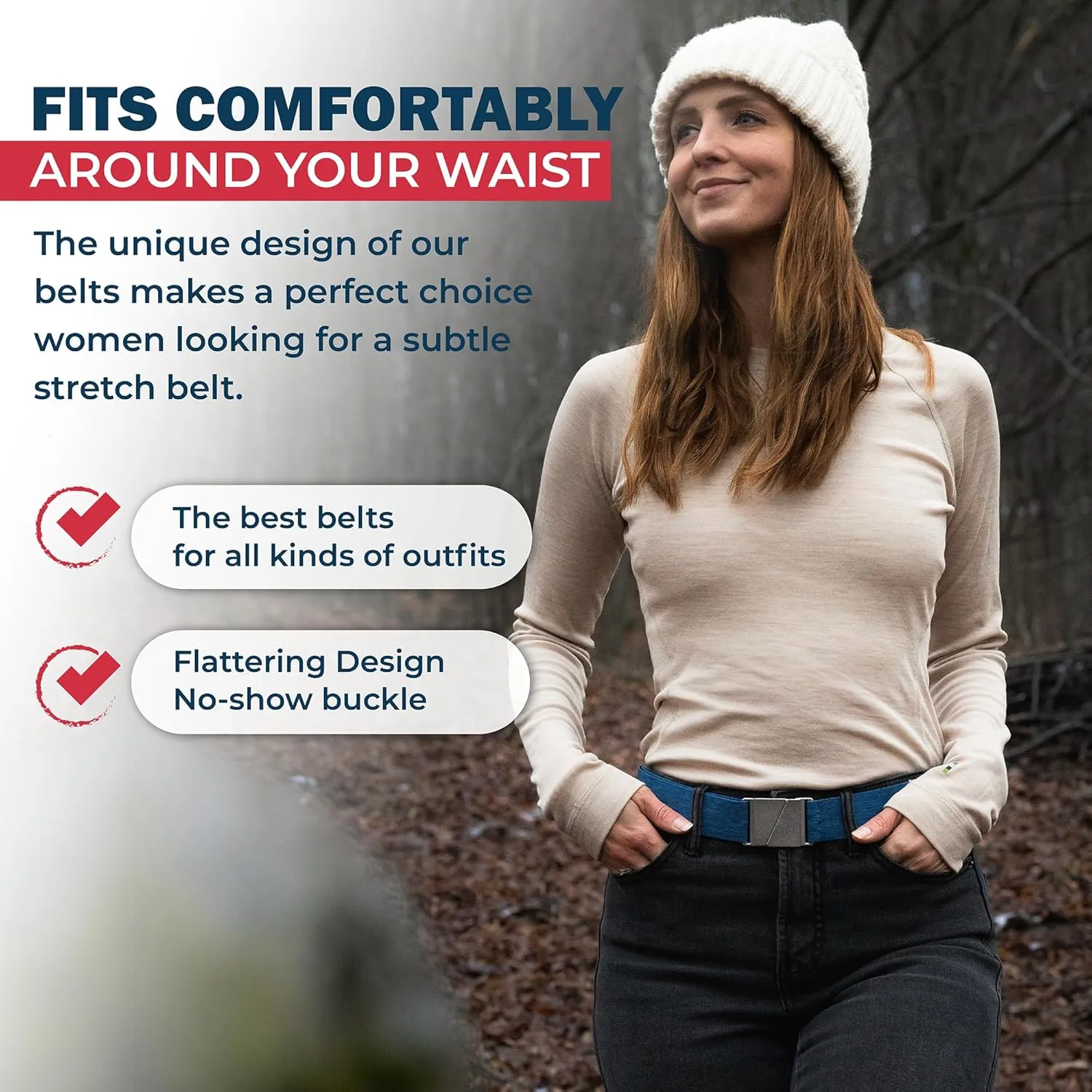 No Show Invisible Elastic Belts for Women & Men 1.5" adjustable Non Slip Fits waist upto 50 Inch. Designed in USA.
