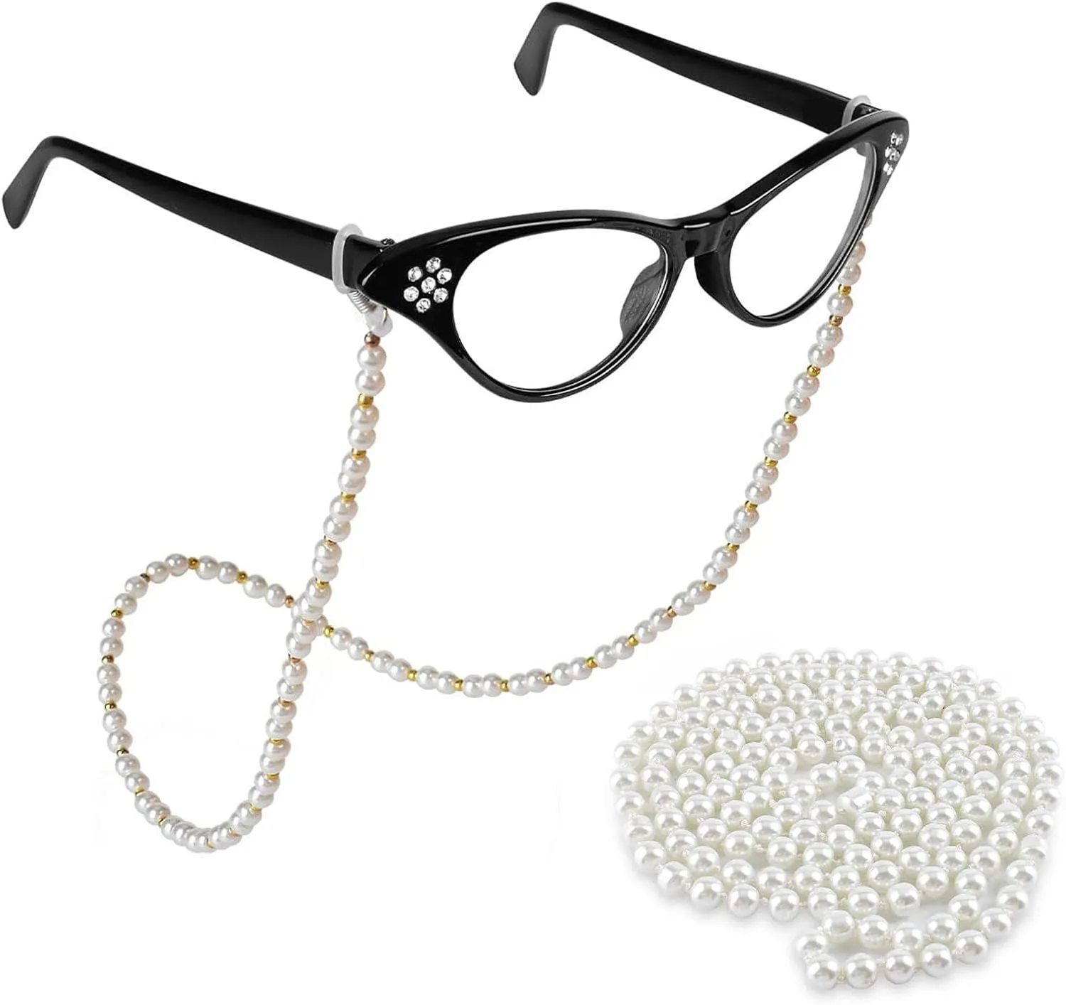 Old Lady Costume Accessories for Women Rhinestone Cat Eye Glasses Beaded Faux Pearl Necklace Cosplay Party Dress Up Costume Accessories (Black)