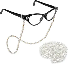 Old Lady Costume Accessories for Women Rhinestone Cat Eye Glasses Beaded Faux Pearl Necklace Cosplay Party Dress Up Costume Accessories (Black)