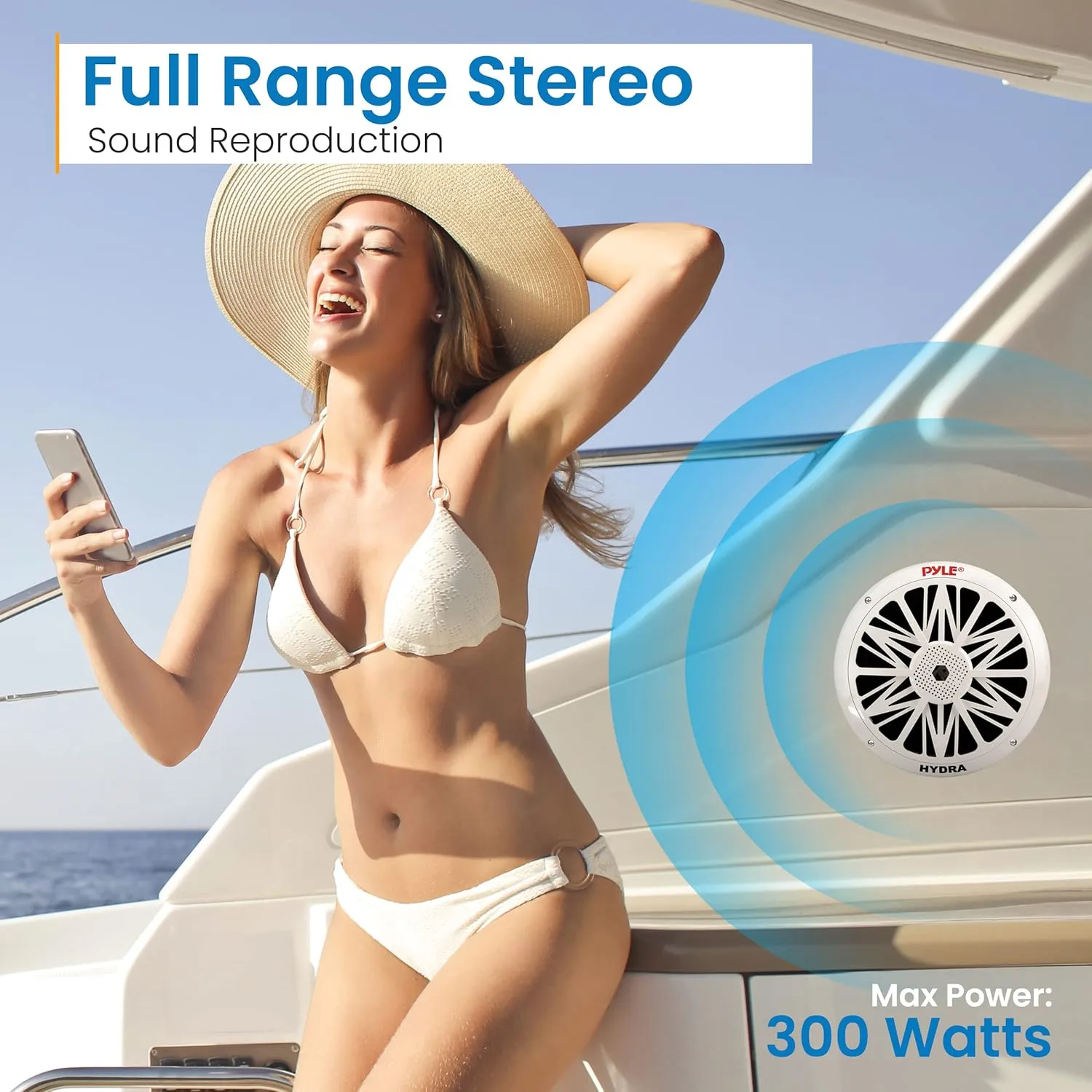 Pyle Marine Speakers, Waterproof, Weather Resistant, 8 Inch Dual, 10 Inch Outer Frame, 300 Watt Power, Poly Carbon Cone, Cloth Surround, Includes Mounting Hardware and Wires, White, PLMR82