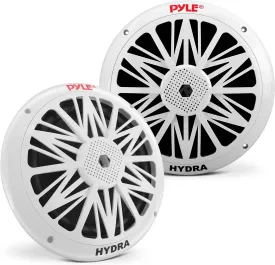 Pyle Marine Speakers, Waterproof, Weather Resistant, 8 Inch Dual, 10 Inch Outer Frame, 300 Watt Power, Poly Carbon Cone, Cloth Surround, Includes Mounting Hardware and Wires, White, PLMR82