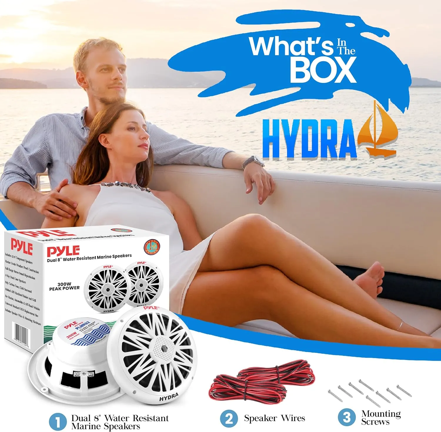 Pyle Marine Speakers, Waterproof, Weather Resistant, 8 Inch Dual, 10 Inch Outer Frame, 300 Watt Power, Poly Carbon Cone, Cloth Surround, Includes Mounting Hardware and Wires, White, PLMR82