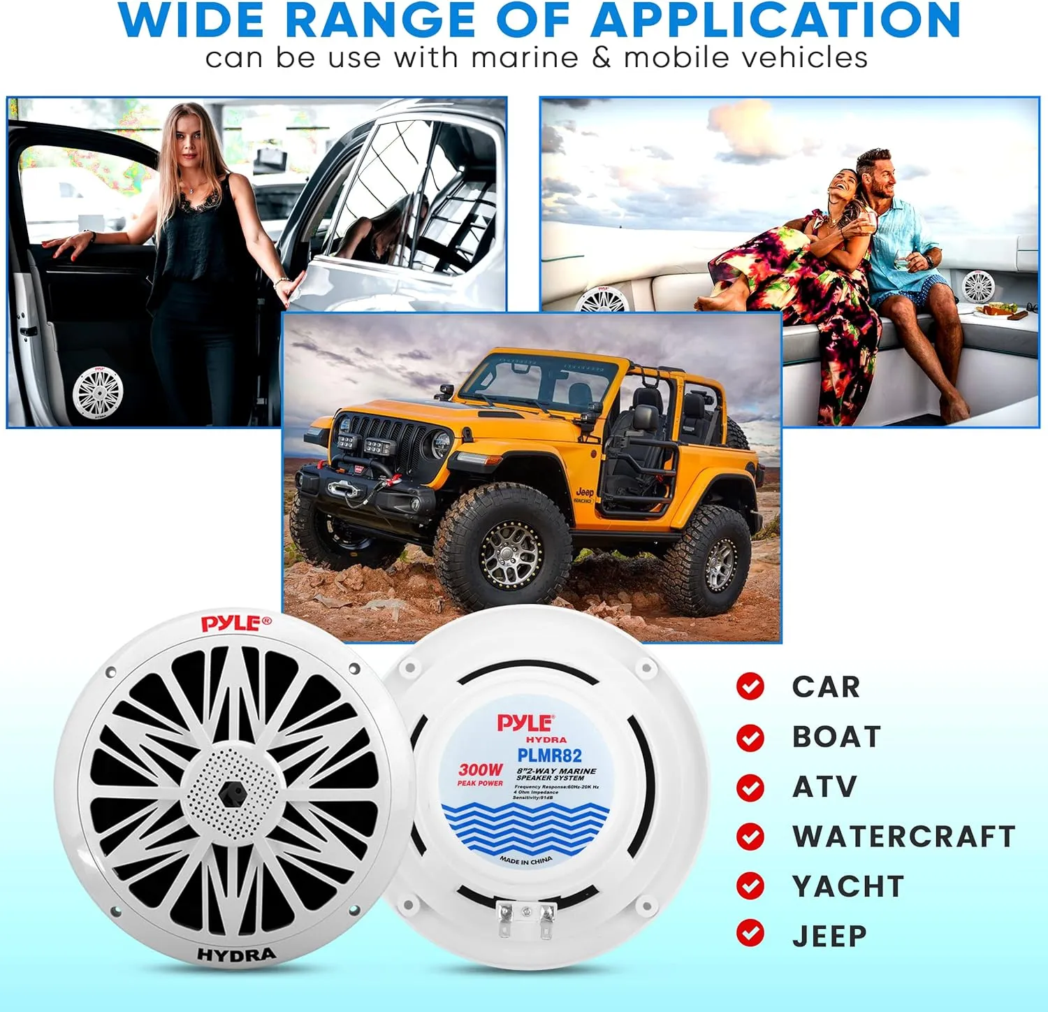 Pyle Marine Speakers, Waterproof, Weather Resistant, 8 Inch Dual, 10 Inch Outer Frame, 300 Watt Power, Poly Carbon Cone, Cloth Surround, Includes Mounting Hardware and Wires, White, PLMR82