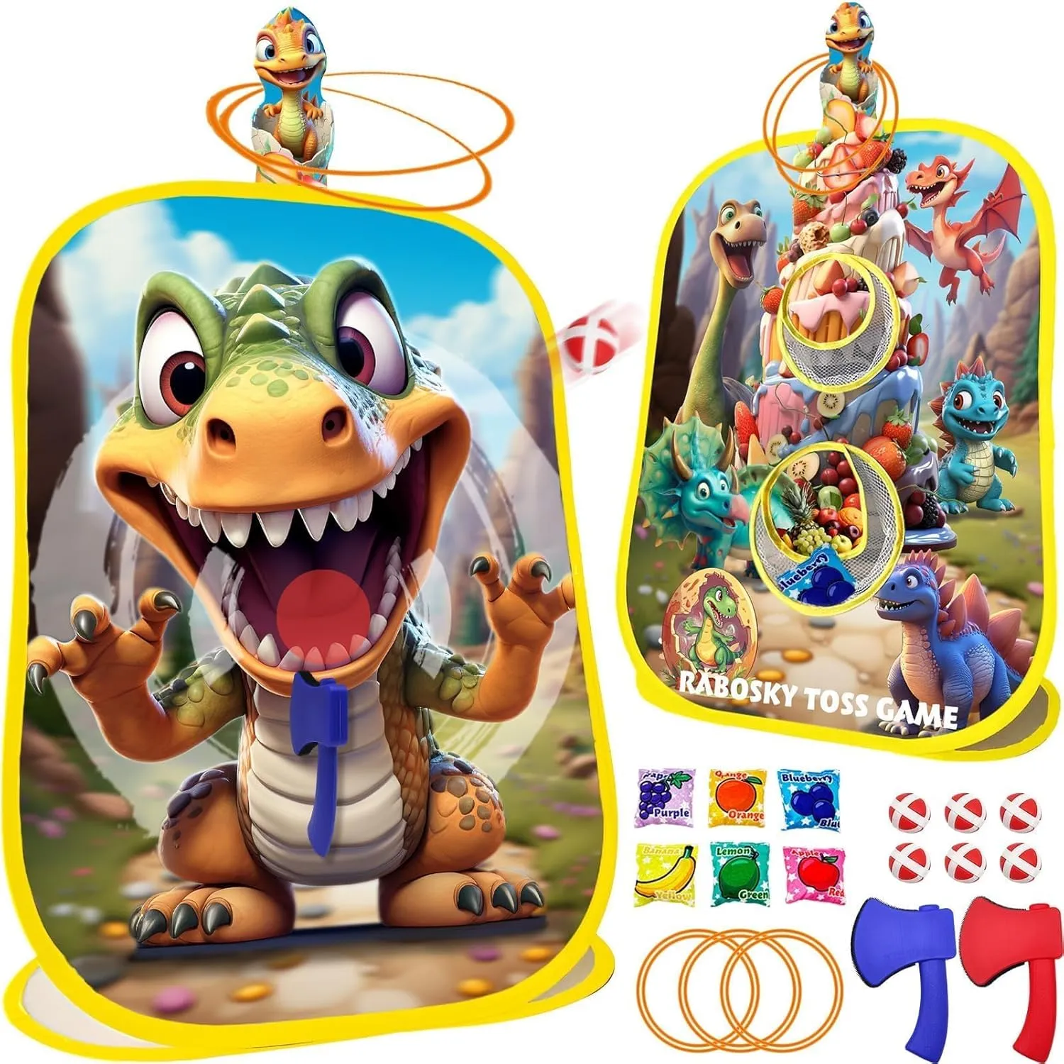 RaboSky 4-in-1 Dinosaur Outdoor Games for Toddlers Boys with 6 Fruit Bean Bags Toss, 2 Throwing Axes, 6 Rings Tossing, 6 Sticky Balls, Big Toys Gifts for Kids Ages 3-5 4-8 Birthday Party Activities