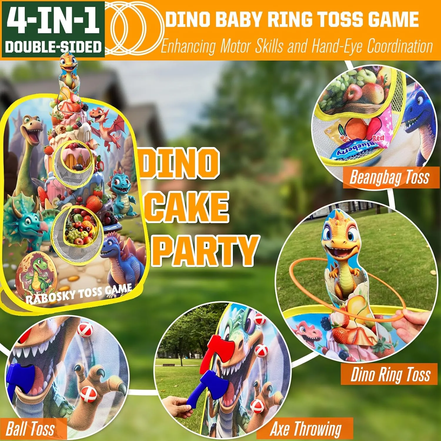 RaboSky 4-in-1 Dinosaur Outdoor Games for Toddlers Boys with 6 Fruit Bean Bags Toss, 2 Throwing Axes, 6 Rings Tossing, 6 Sticky Balls, Big Toys Gifts for Kids Ages 3-5 4-8 Birthday Party Activities