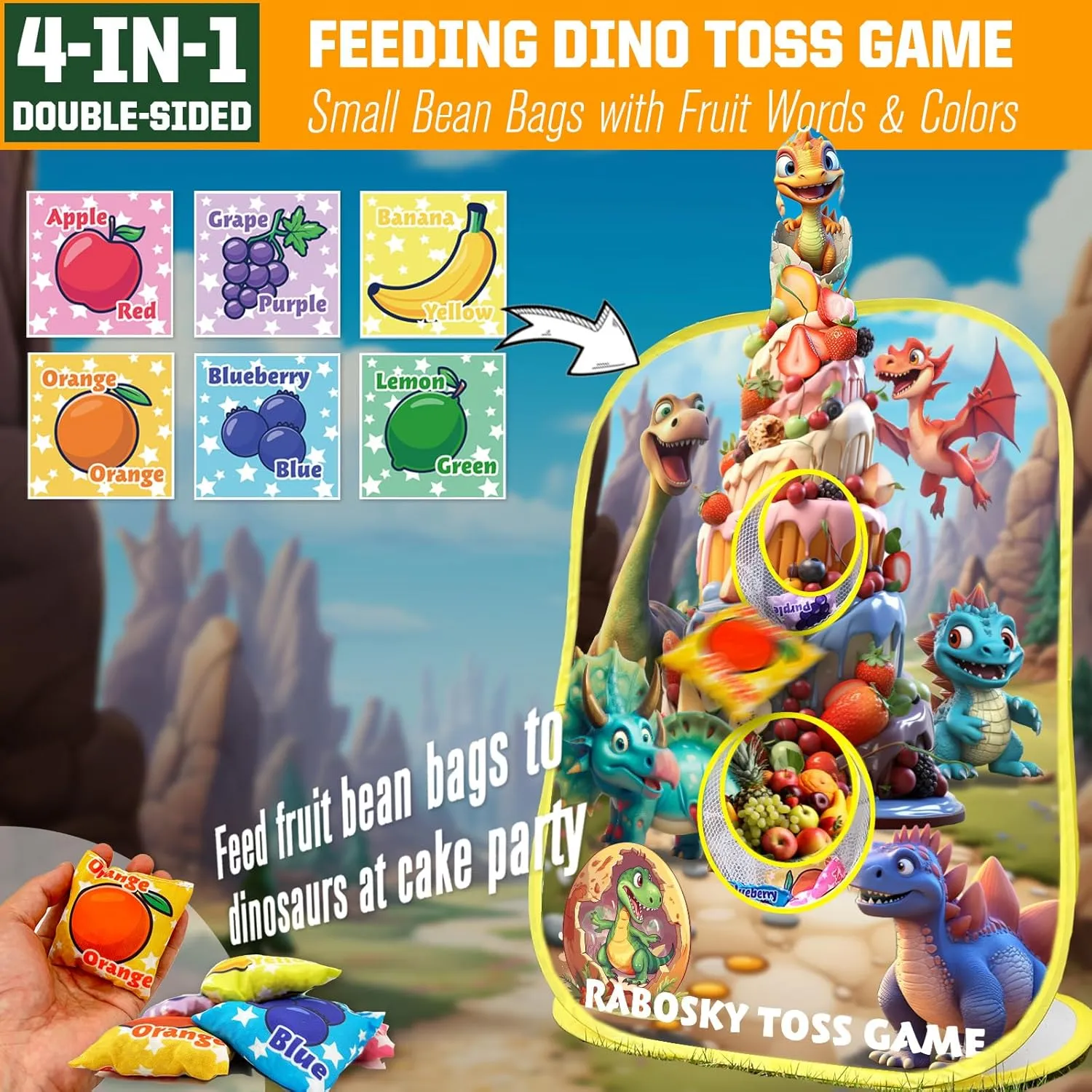 RaboSky 4-in-1 Dinosaur Outdoor Games for Toddlers Boys with 6 Fruit Bean Bags Toss, 2 Throwing Axes, 6 Rings Tossing, 6 Sticky Balls, Big Toys Gifts for Kids Ages 3-5 4-8 Birthday Party Activities