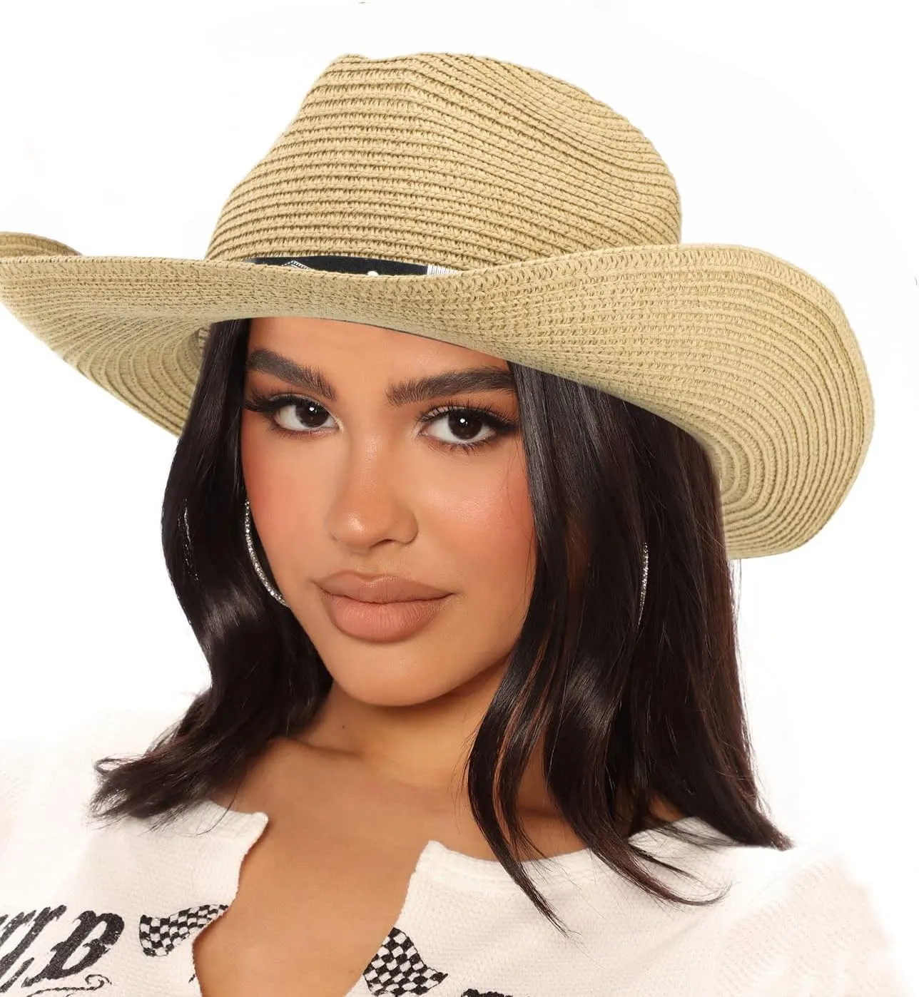 Straw Cowboy Hat for Women Men Western Sun Hat Wide Brim Summer Belt Cowgirl Hats(M-L)