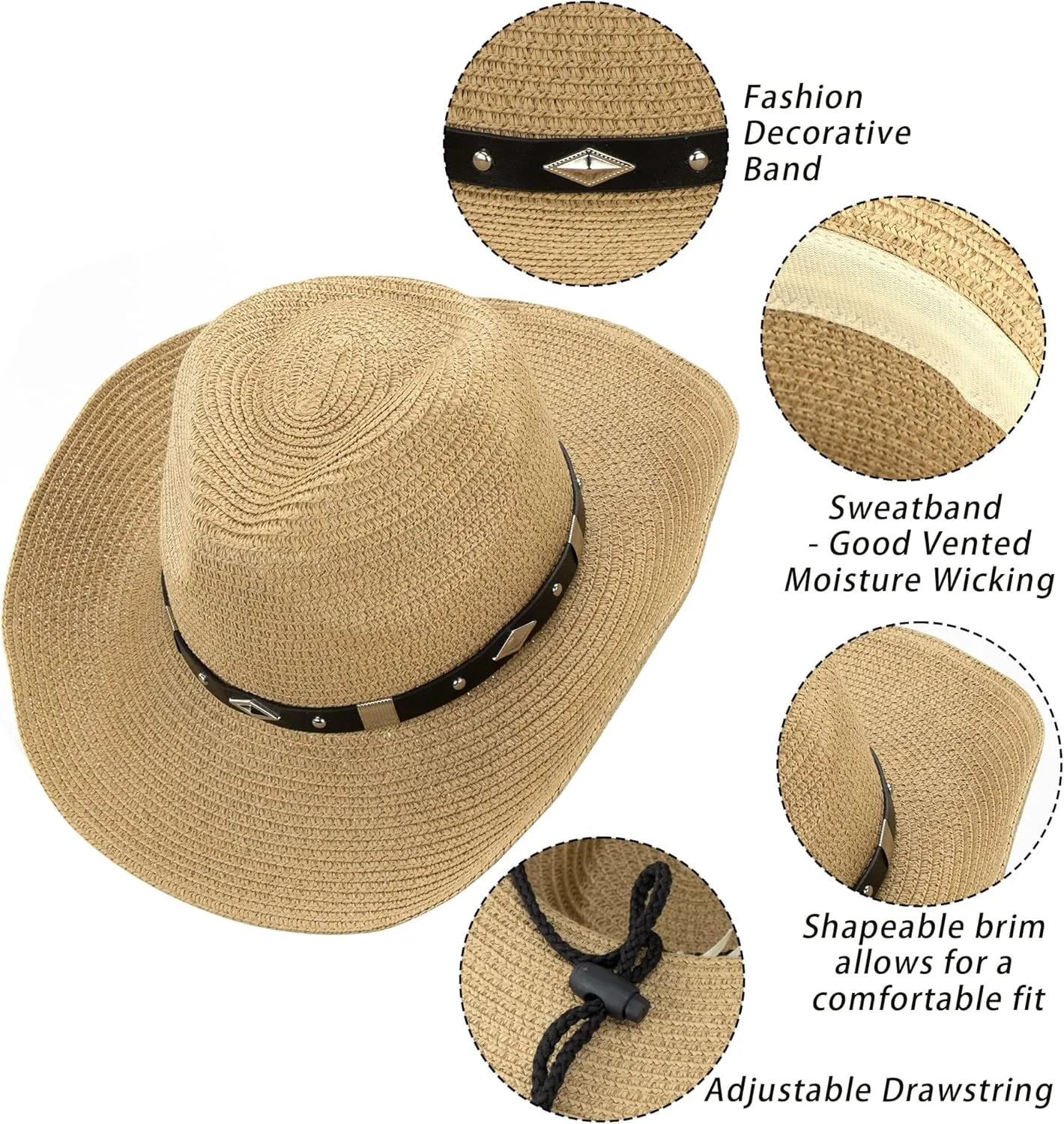 Straw Cowboy Hat for Women Men Western Sun Hat Wide Brim Summer Belt Cowgirl Hats(M-L)