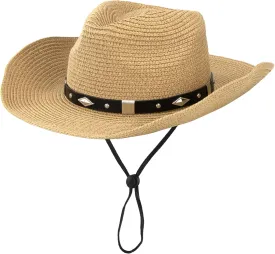Straw Cowboy Hat for Women Men Western Sun Hat Wide Brim Summer Belt Cowgirl Hats(M-L)