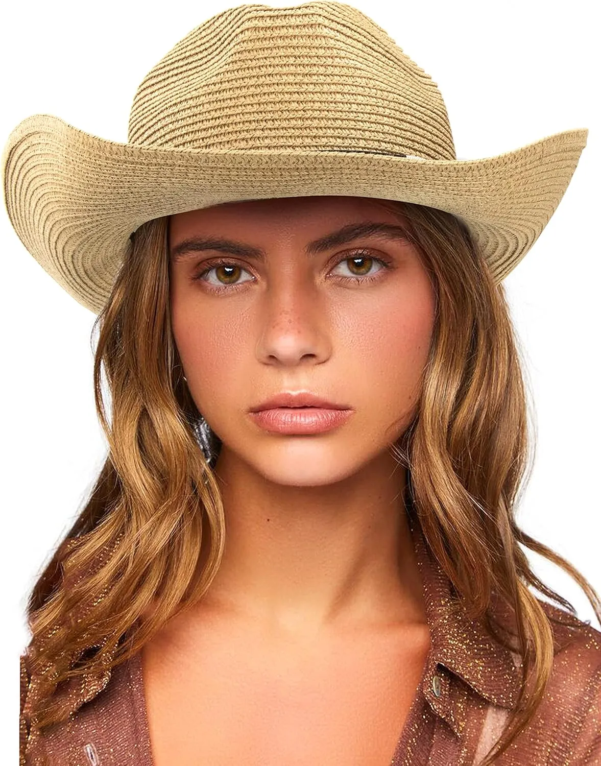 Straw Cowboy Hat for Women Men Western Sun Hat Wide Brim Summer Belt Cowgirl Hats(M-L)